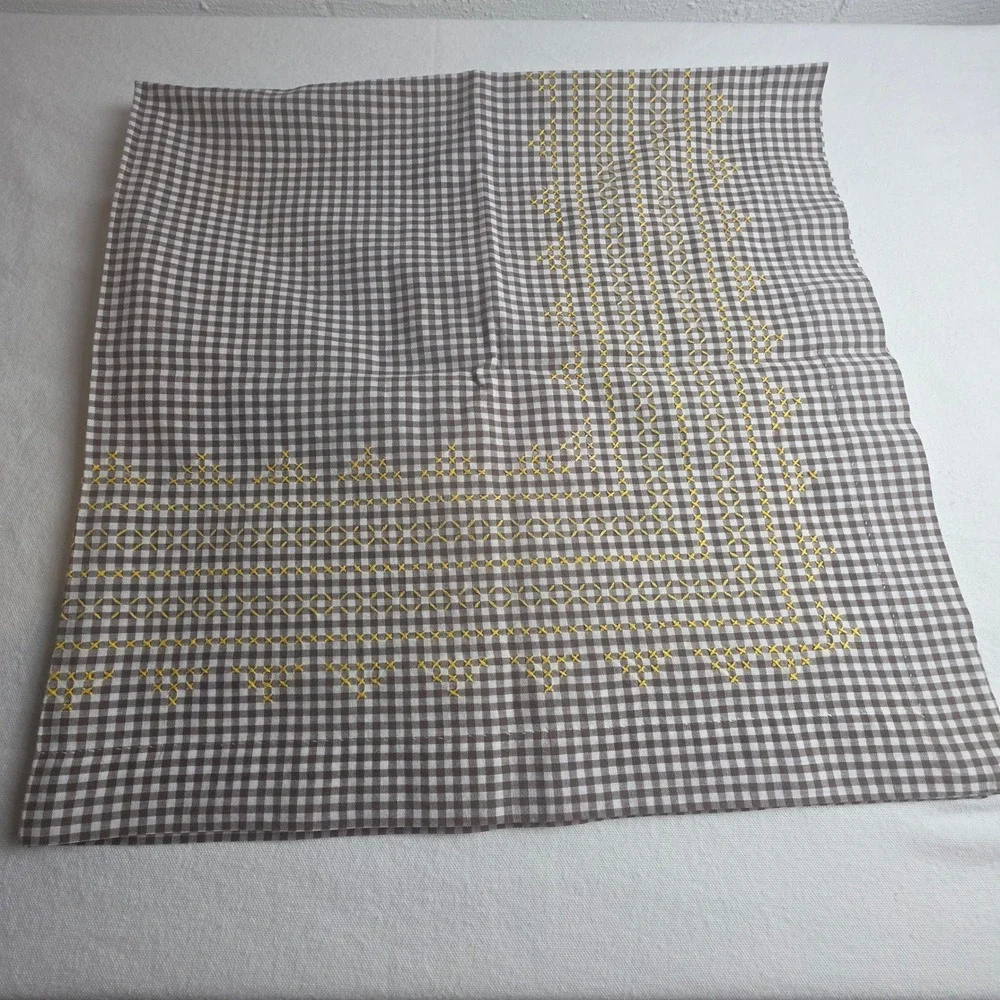 Vintage Brown Gingham Hand Embroidered Yellow Cross Stitch Tablecloth 32x31